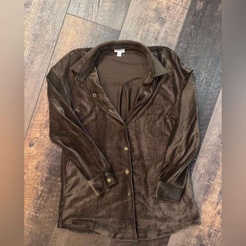 LuLaRoe Velour Snap-Front Shirt Jacket | Chocolate Brown | Size M